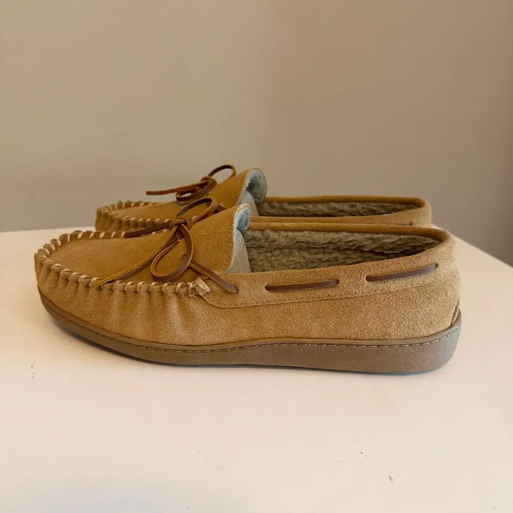 Minnetonka Moccasin Slippers Men 11 Tan Suede Faux Fur Lined Cozy Indoor Outdoor